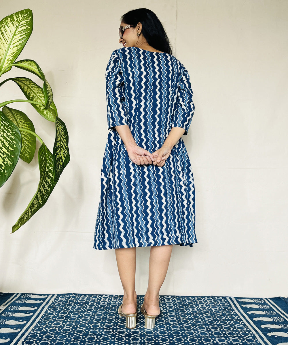 Indigo hand block printed cotton dress