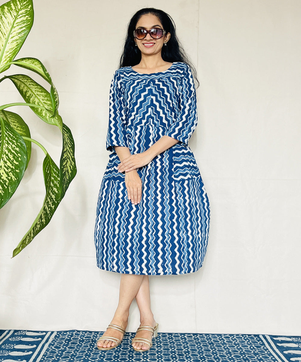 Indigo hand block printed cotton dress