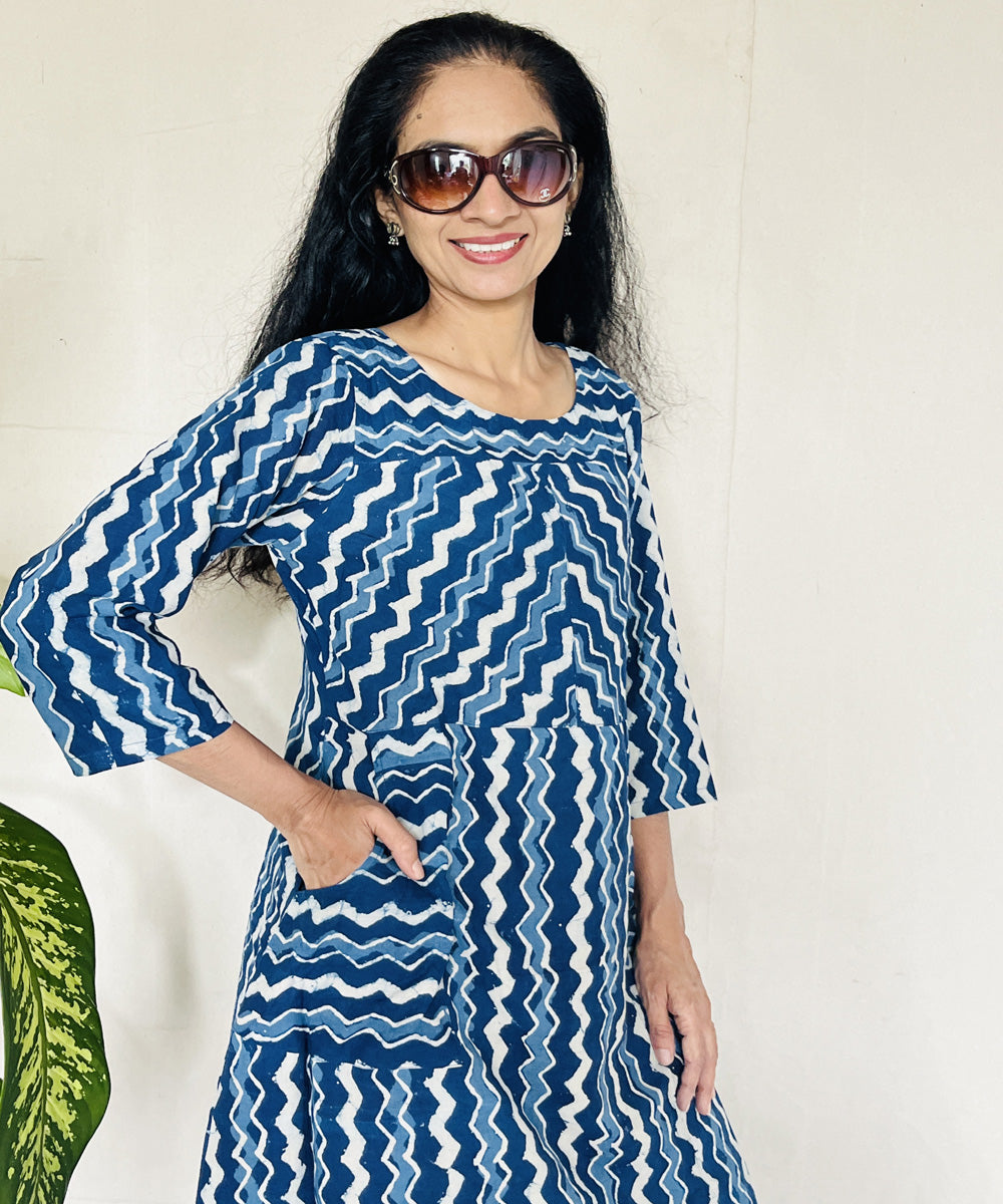 Indigo hand block printed cotton dress