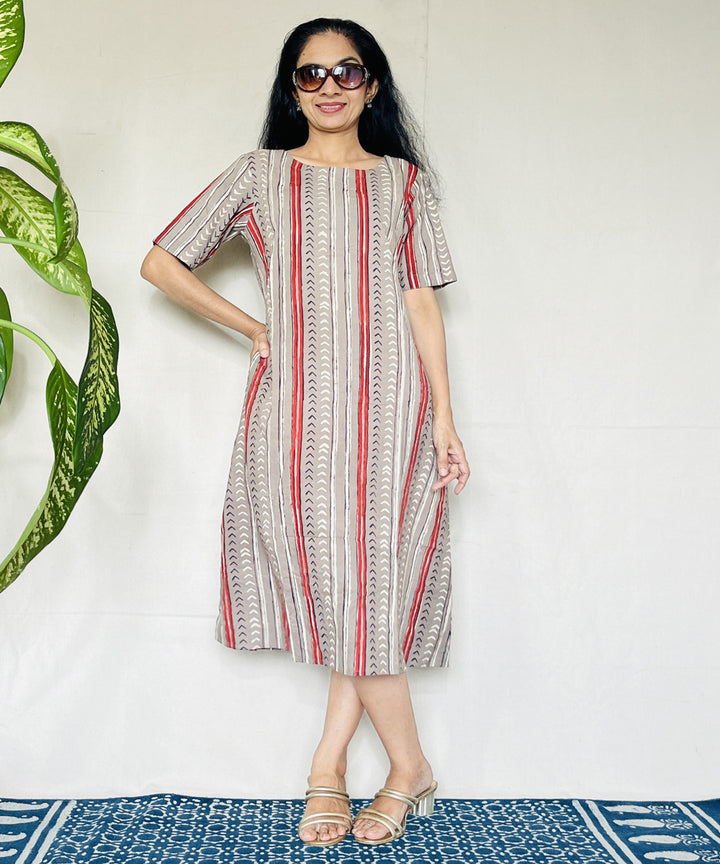 Beige red hand block printed cotton dress