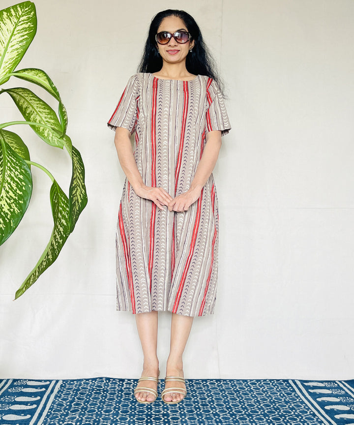 Beige red hand block printed cotton dress