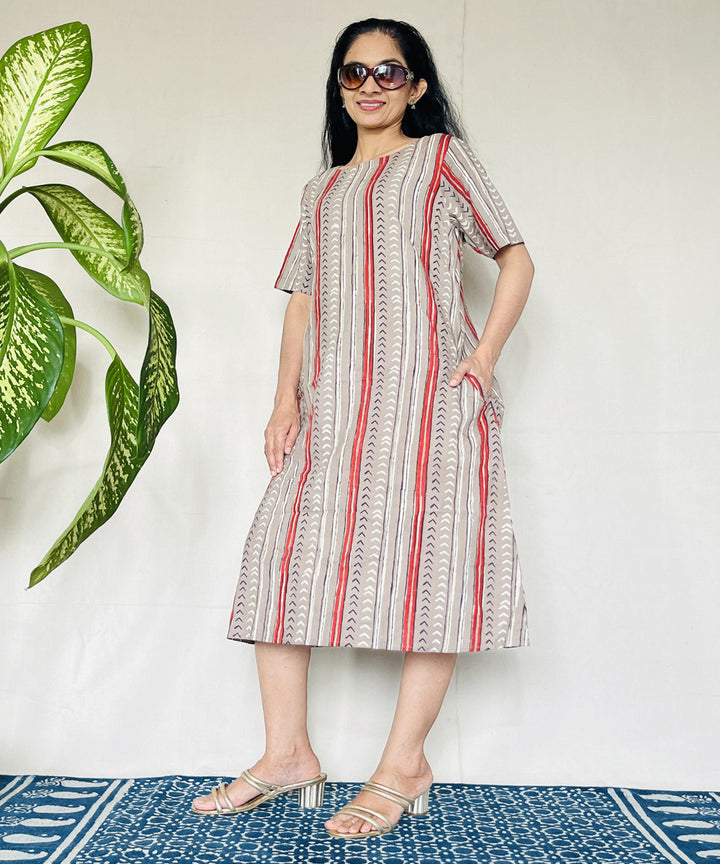 Beige red hand block printed cotton dress