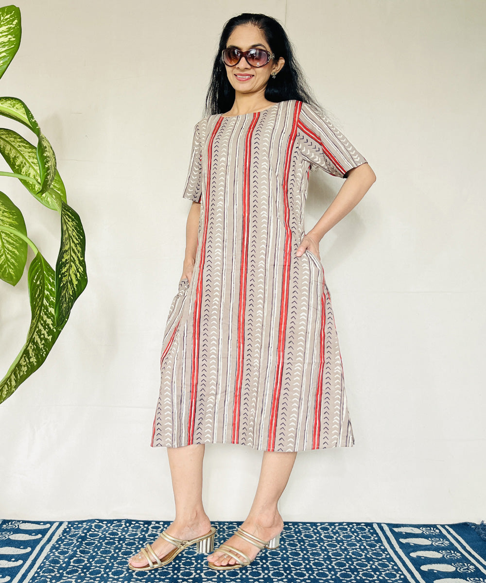 Beige red hand block printed cotton dress