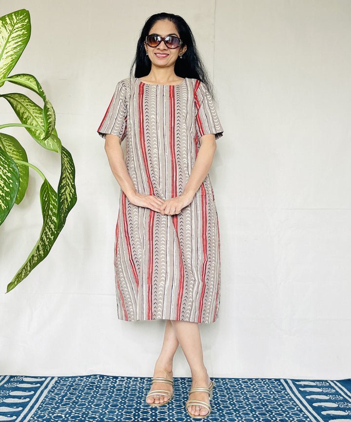 Beige red hand block printed cotton dress