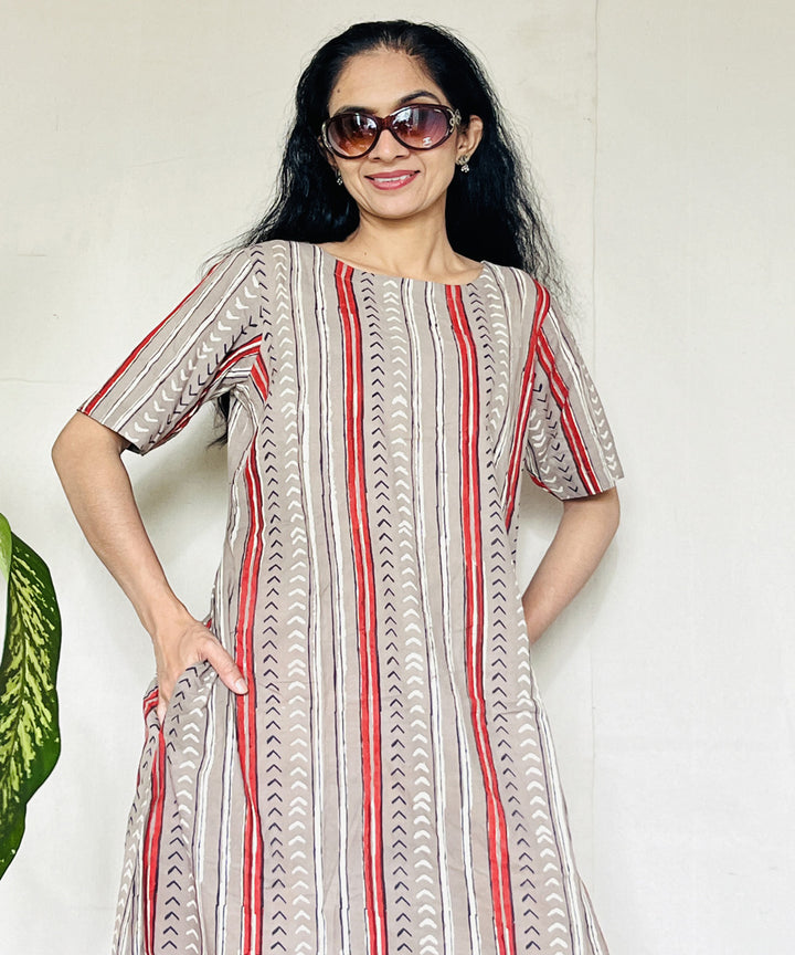 Beige red hand block printed cotton dress