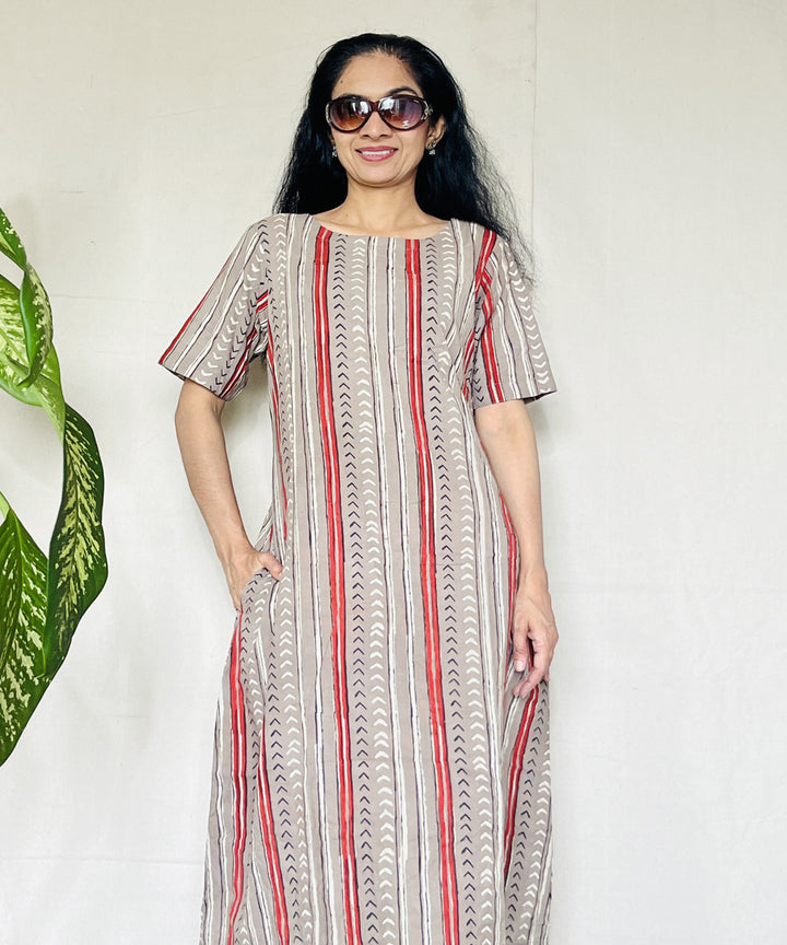 Beige red hand block printed cotton dress