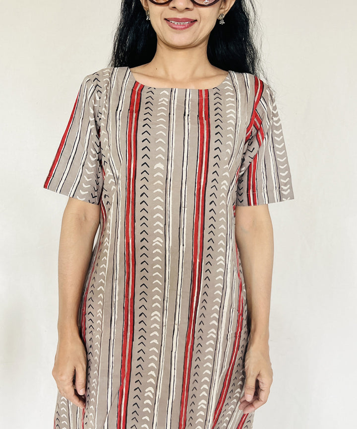 Beige red hand block printed cotton dress