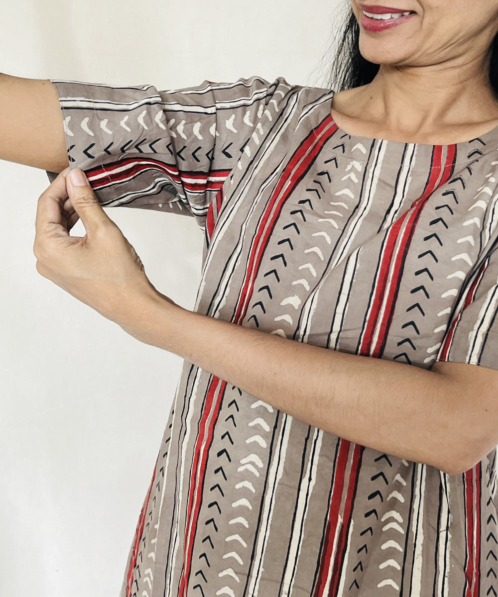 Beige red hand block printed cotton dress