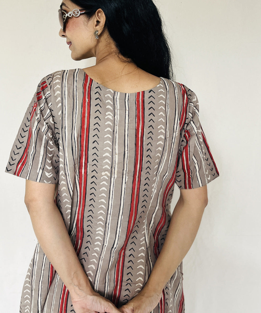 Beige red hand block printed cotton dress