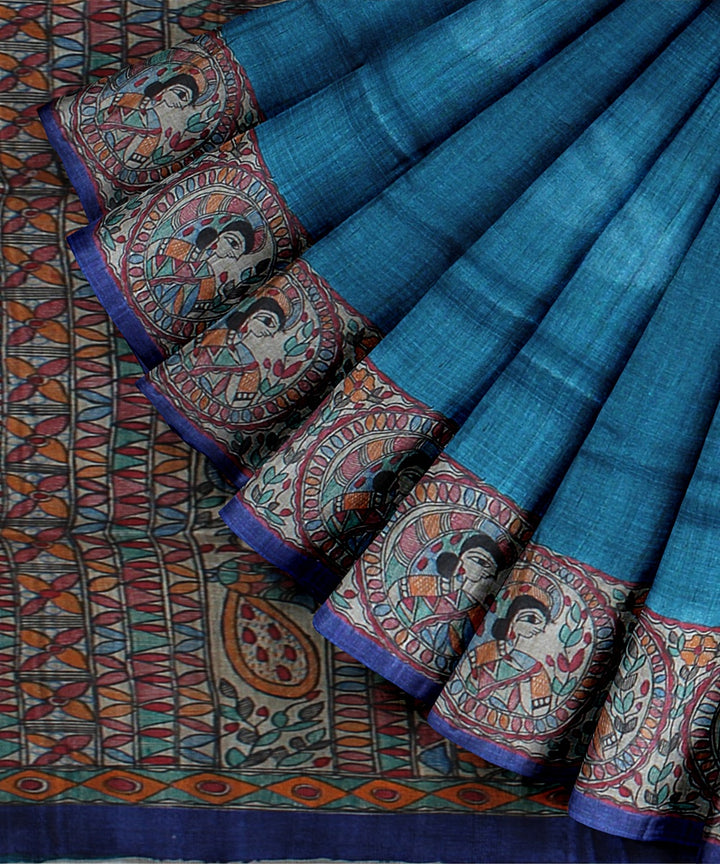 Cyan blue multicolor tussar silk handloom madhubani painting saree