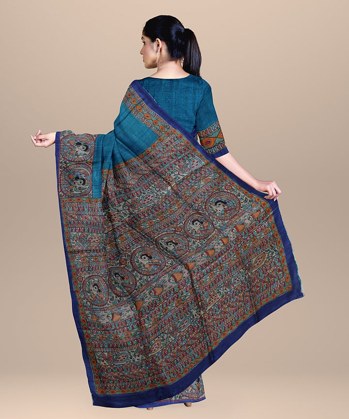 Cyan blue multicolor tussar silk handloom madhubani painting saree