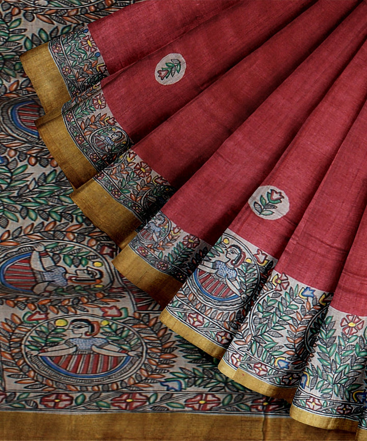 Red beige handloom tussar silk madhubani painting saree