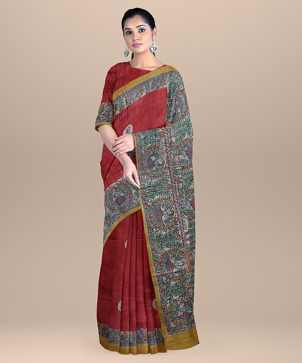 Red beige handloom tussar silk madhubani painting saree