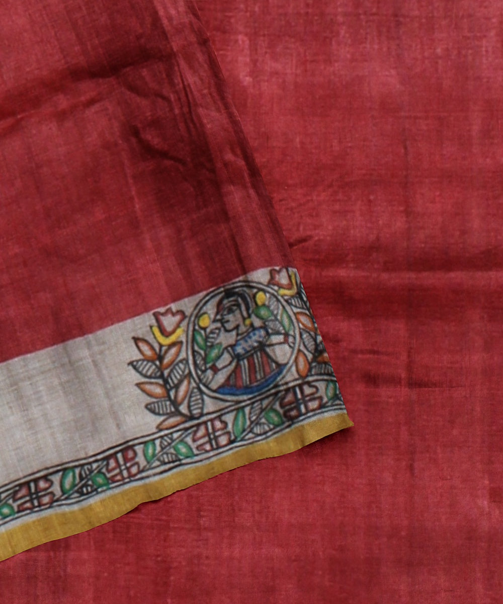 Red beige handloom tussar silk madhubani painting saree