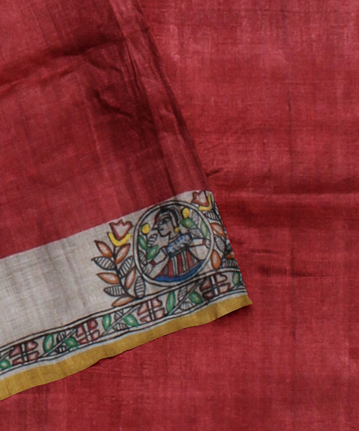 Red beige handloom tussar silk madhubani painting saree