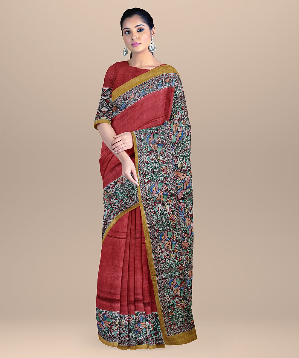 Red beige tussar silk handloom madhubani painting saree