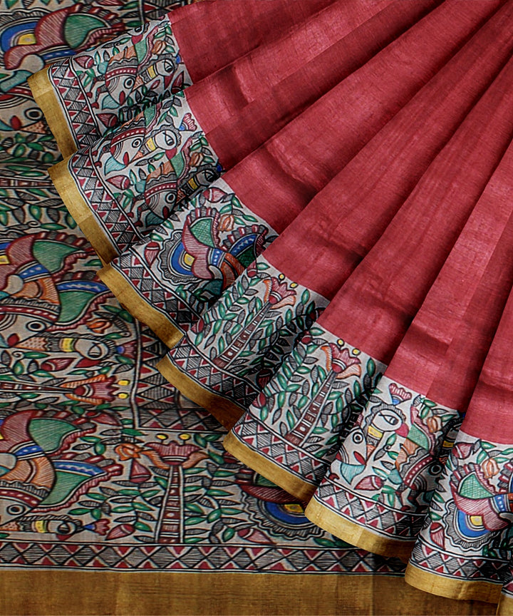 Red beige tussar silk handloom madhubani painting saree