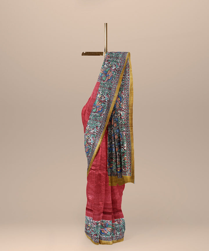 Red beige tussar silk handloom madhubani painting saree