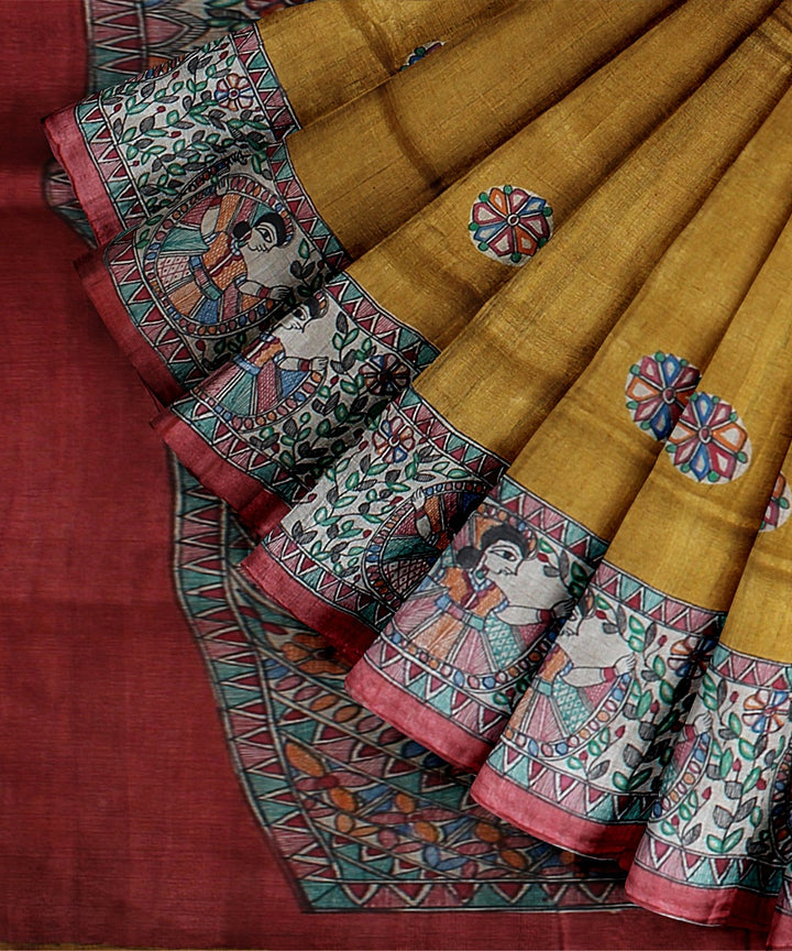 Mustard red tussar silk handloom madhubani painting saree