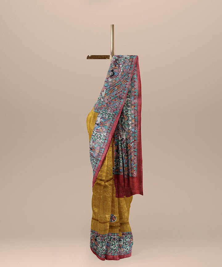 Mustard red tussar silk handloom madhubani painting saree