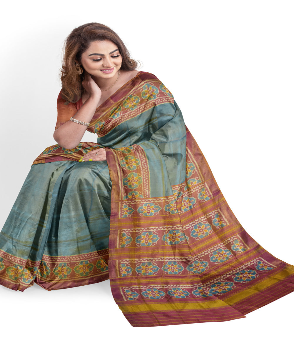 Blue grey silk handloom patola saree