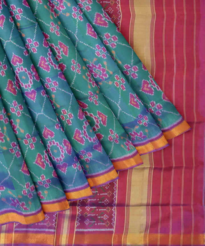 Teal green red silk handloom patola saree