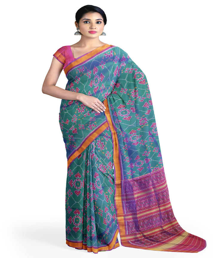 Teal green red silk handloom patola saree