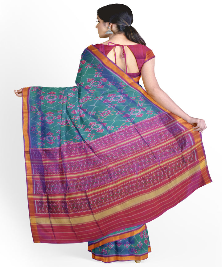 Teal green red silk handloom patola saree