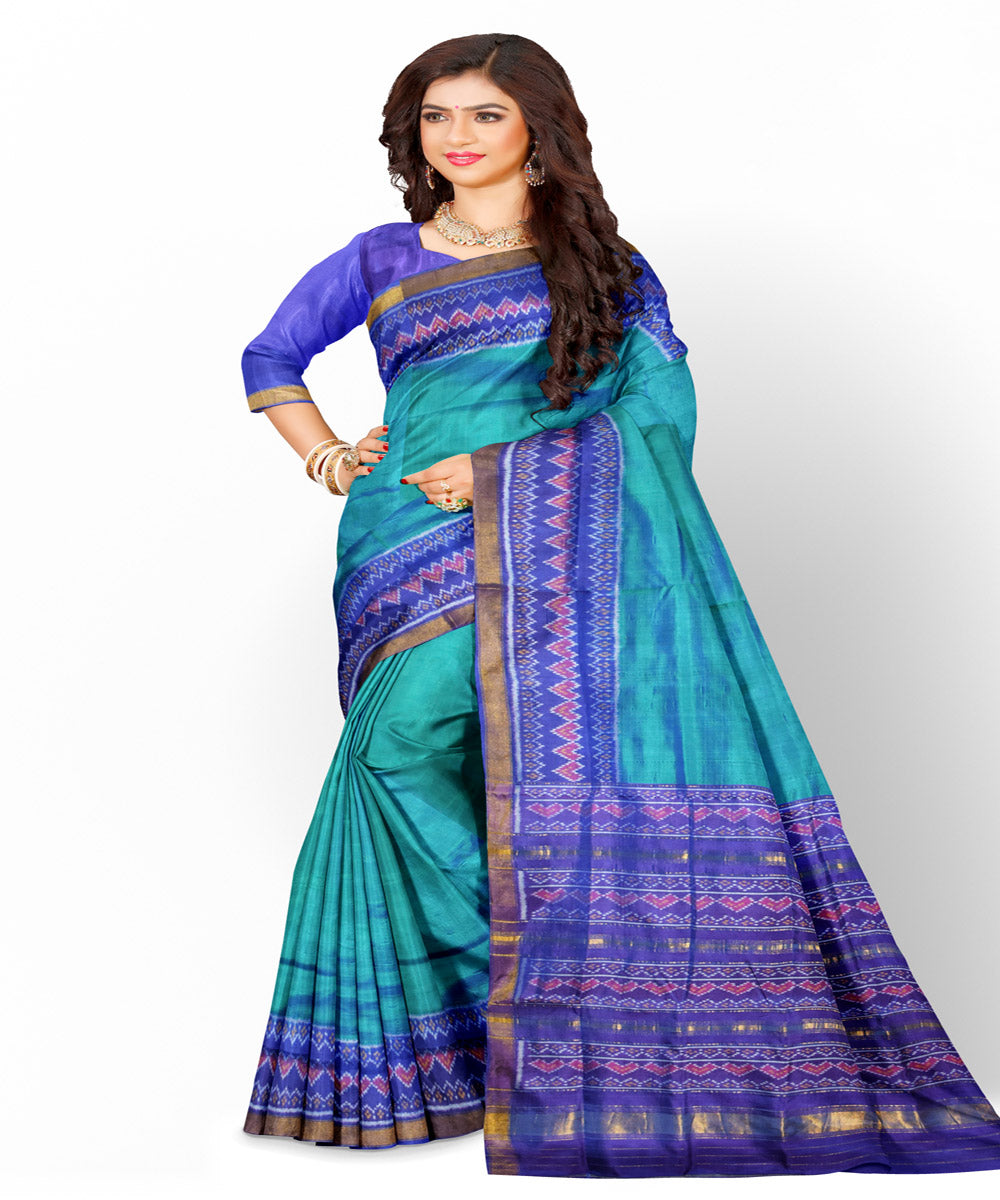 Cyan green blue silk handloom patola saree