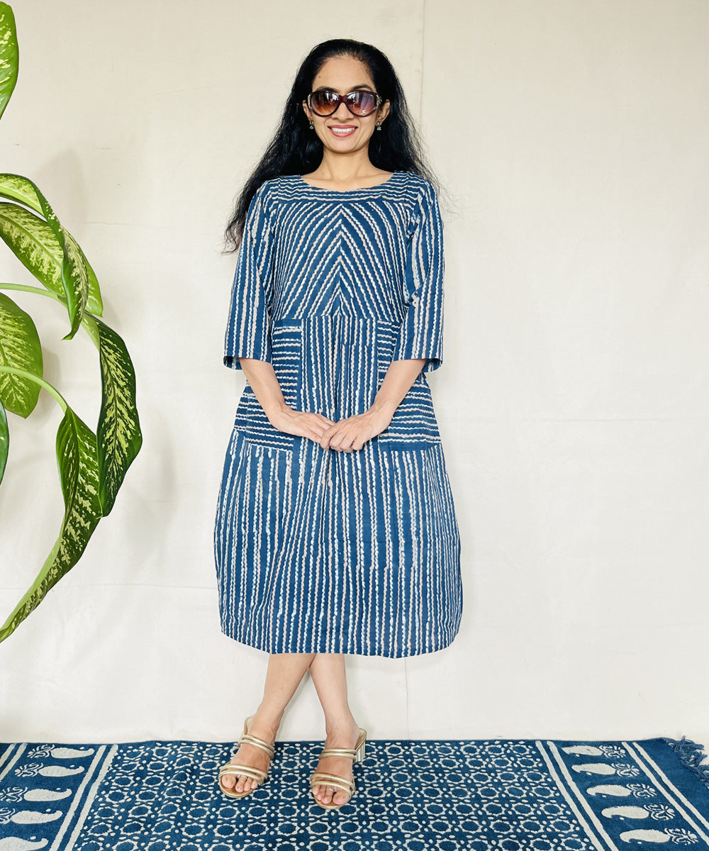 Indigo dyed hand block printed cotton dress