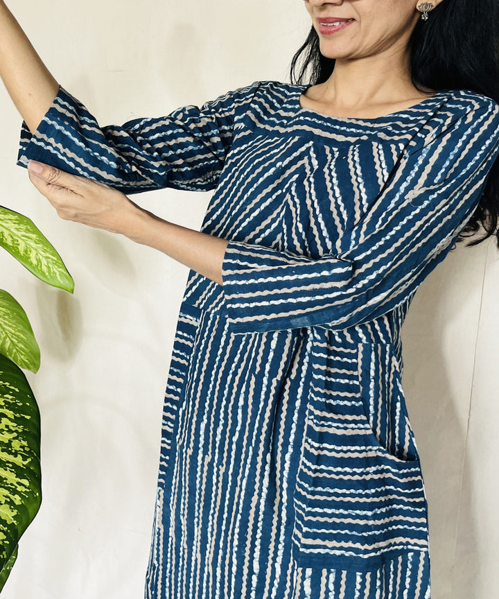 Indigo dyed hand block printed cotton dress