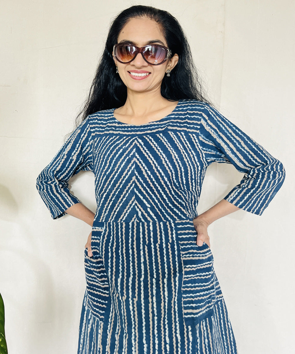 Indigo dyed hand block printed cotton dress