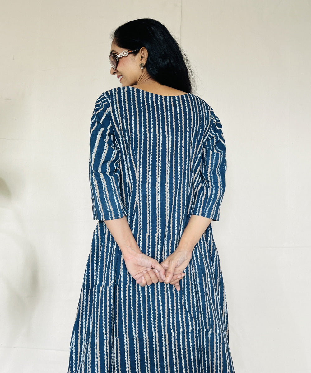 Indigo dyed hand block printed cotton dress