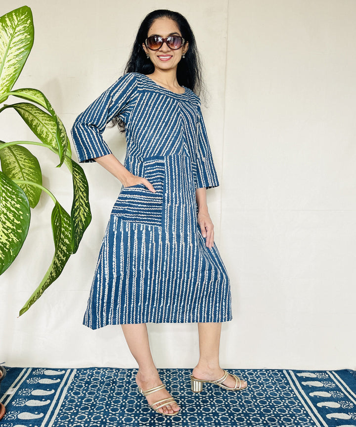 Indigo dyed hand block printed cotton dress