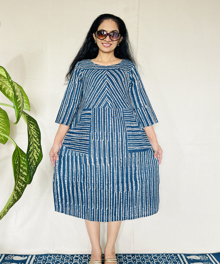 Indigo dyed hand block printed cotton dress