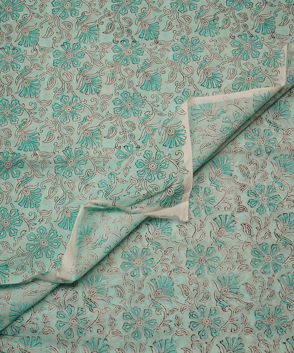 Light green handblock print cotton sanganeri fabric