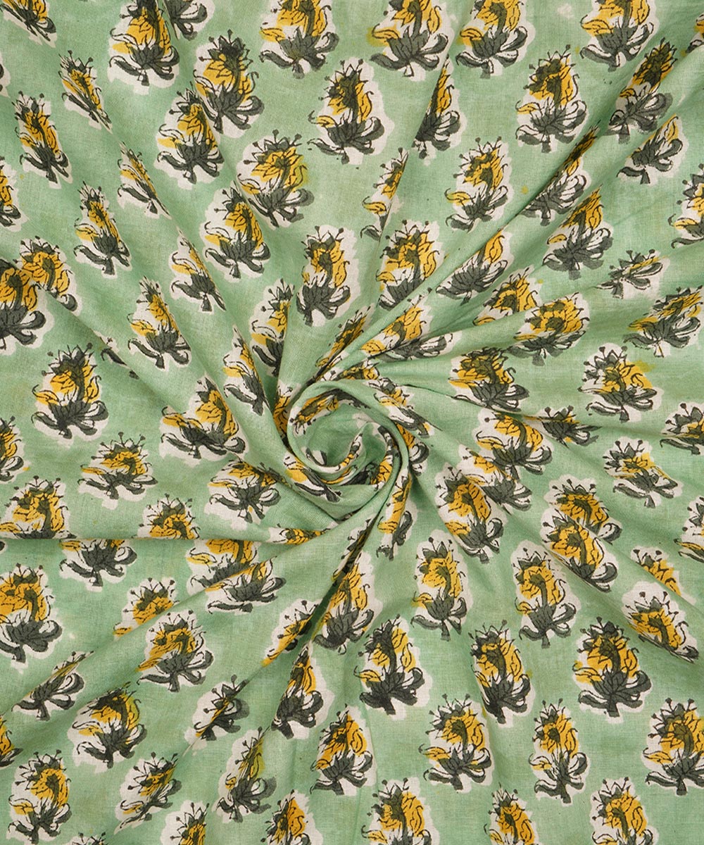 Light green hand block print cotton sanganeri fabric