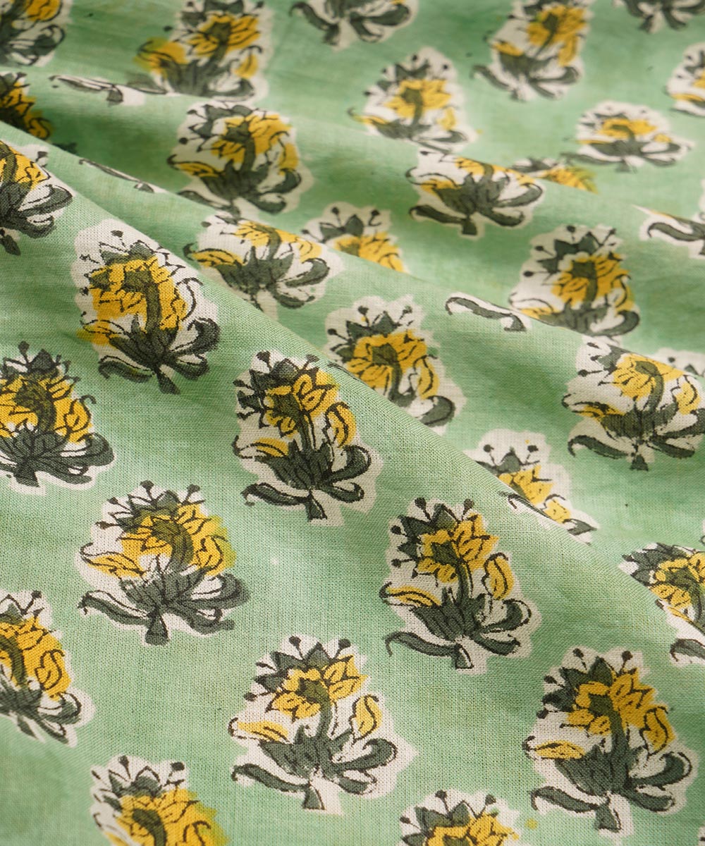 Light green hand block print cotton sanganeri fabric