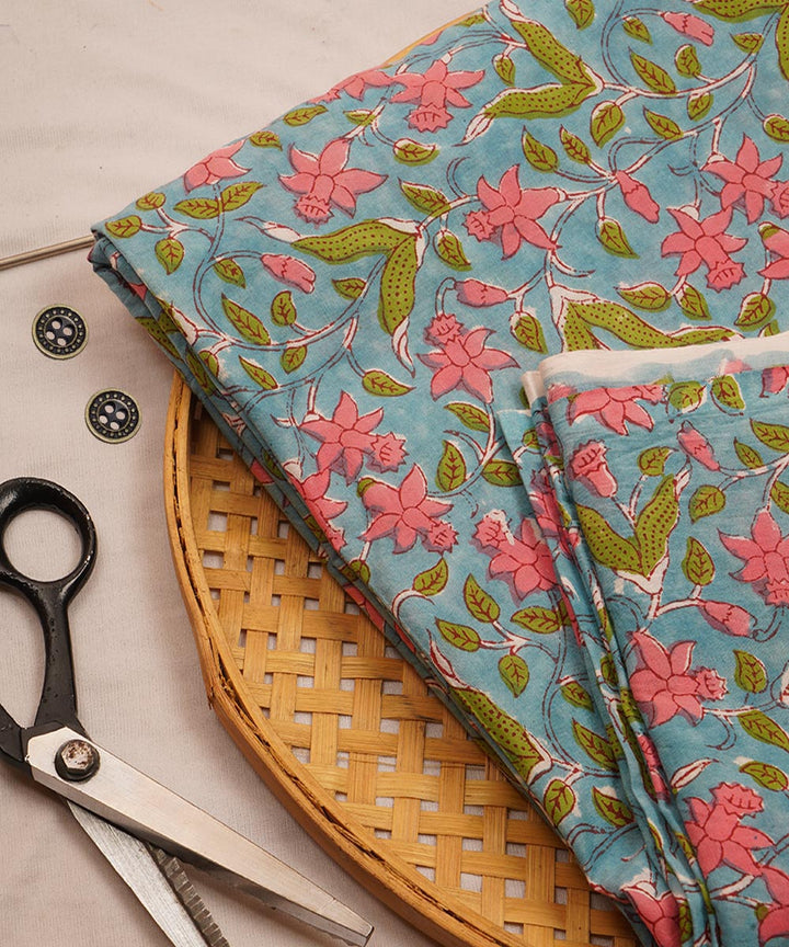 2.5m Turquoise hand block print cotton sanganeri kurta material