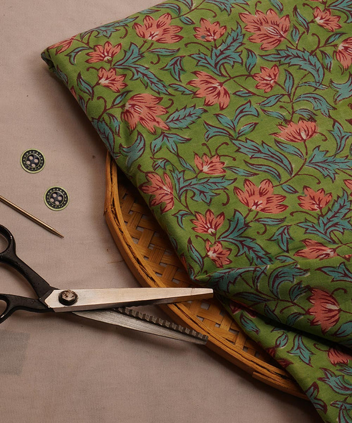 Green hand block print cotton sanganeri fabric