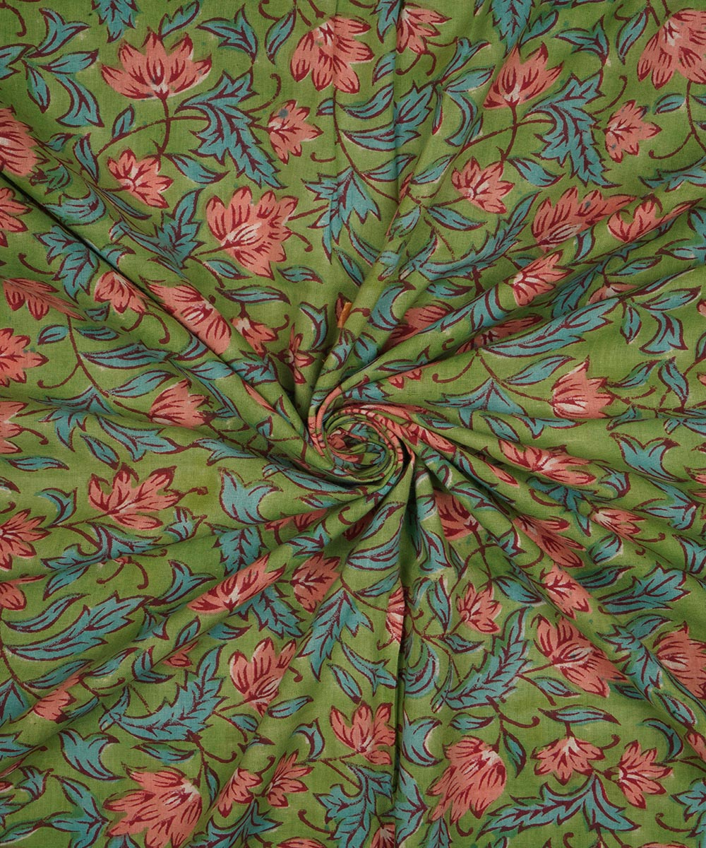 Green hand block print cotton sanganeri fabric