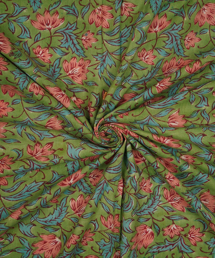 Green hand block print cotton sanganeri fabric