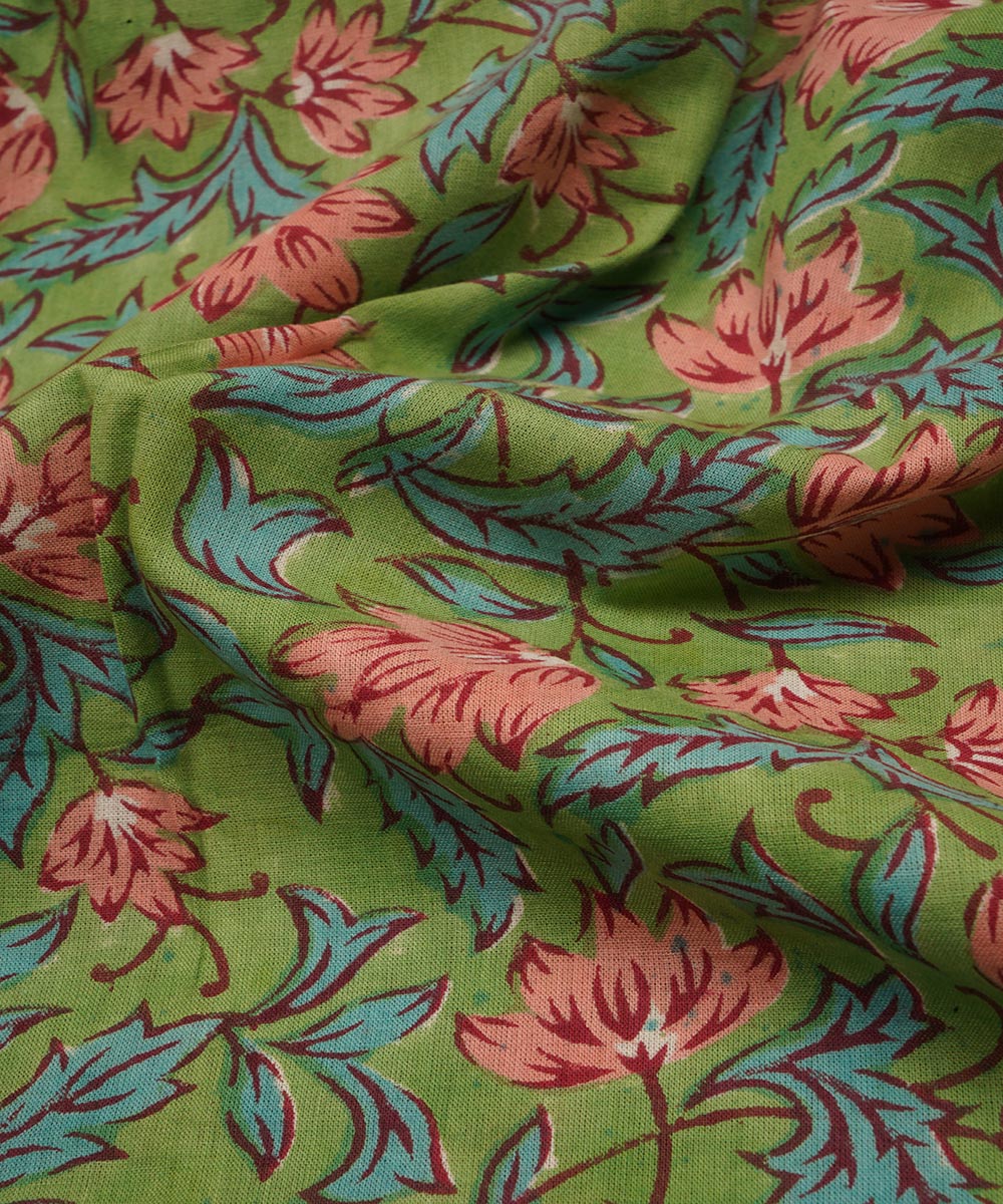 Green hand block print cotton sanganeri fabric