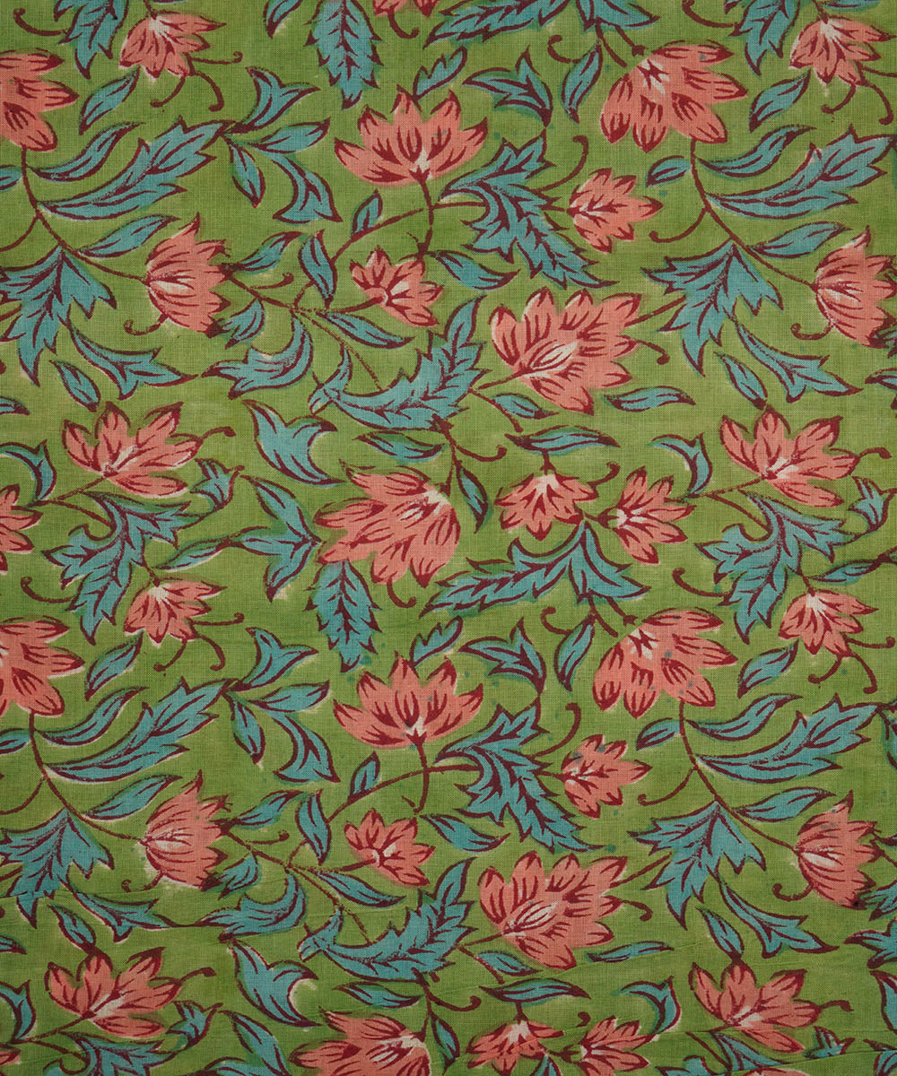 Green hand block print cotton sanganeri fabric