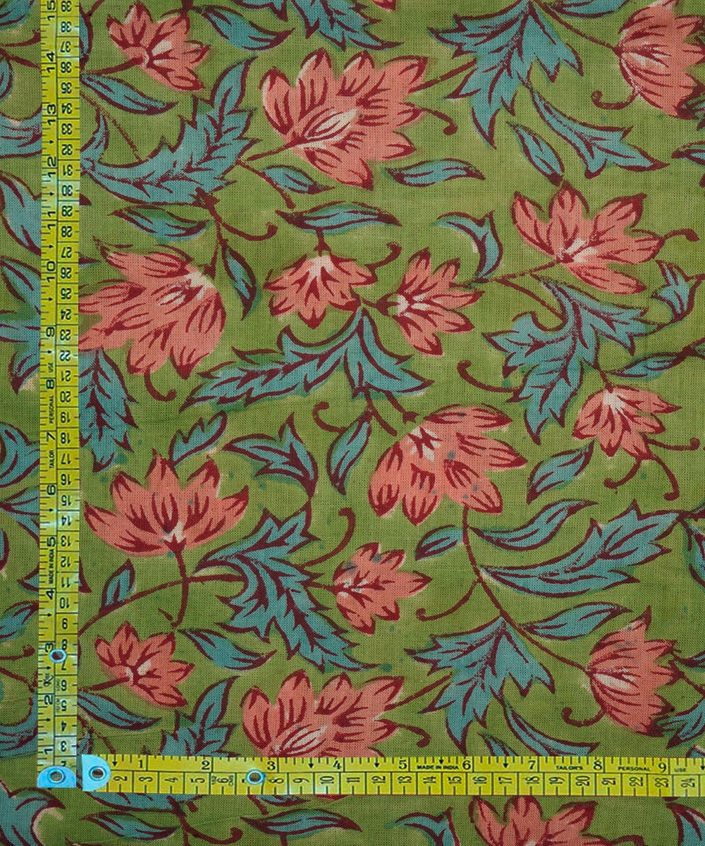 Green hand block print cotton sanganeri fabric