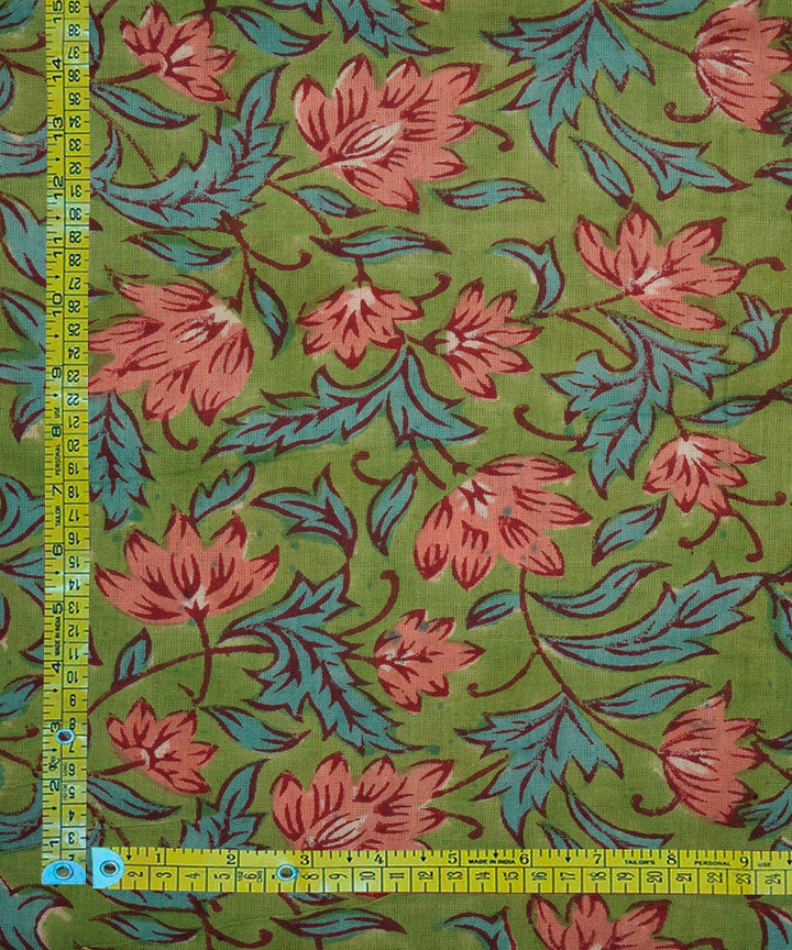 Green hand block print cotton sanganeri fabric