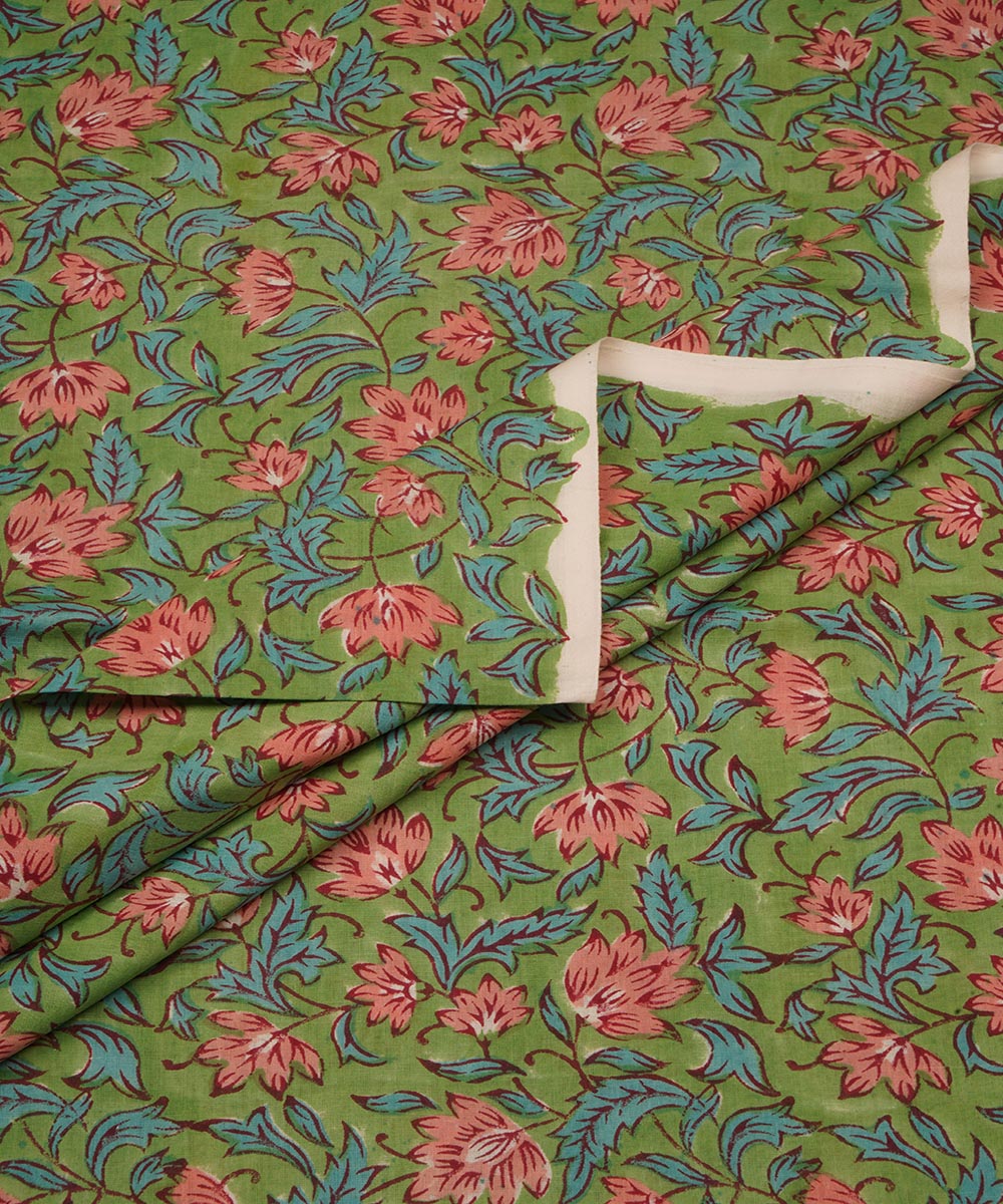 Green hand block print cotton sanganeri fabric