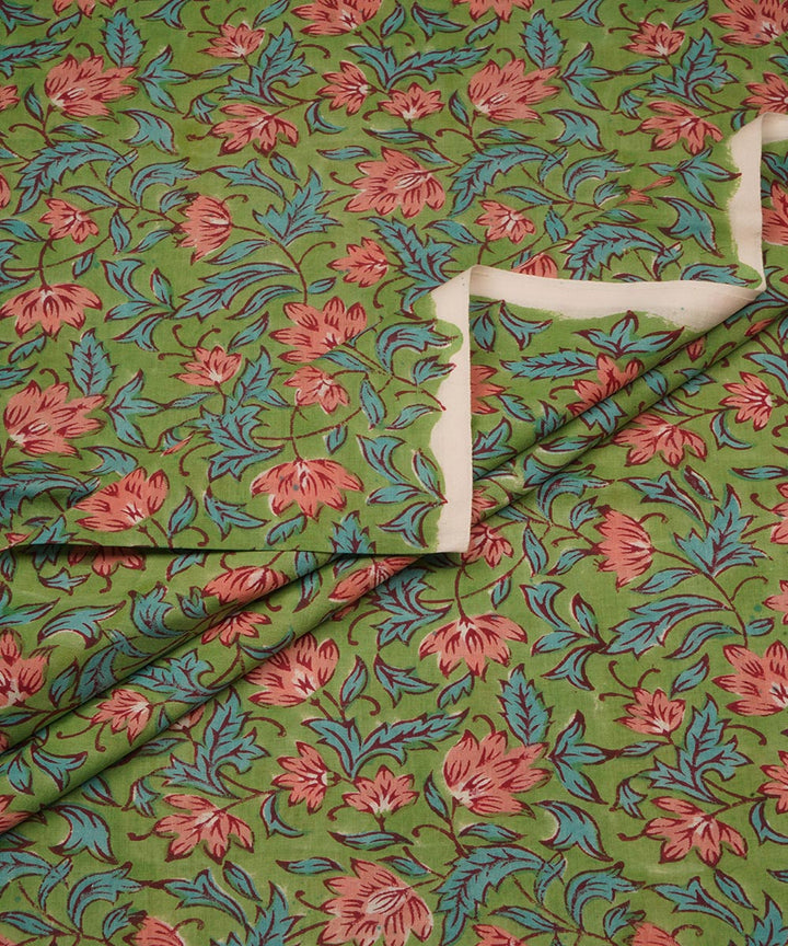 Green hand block print cotton sanganeri fabric