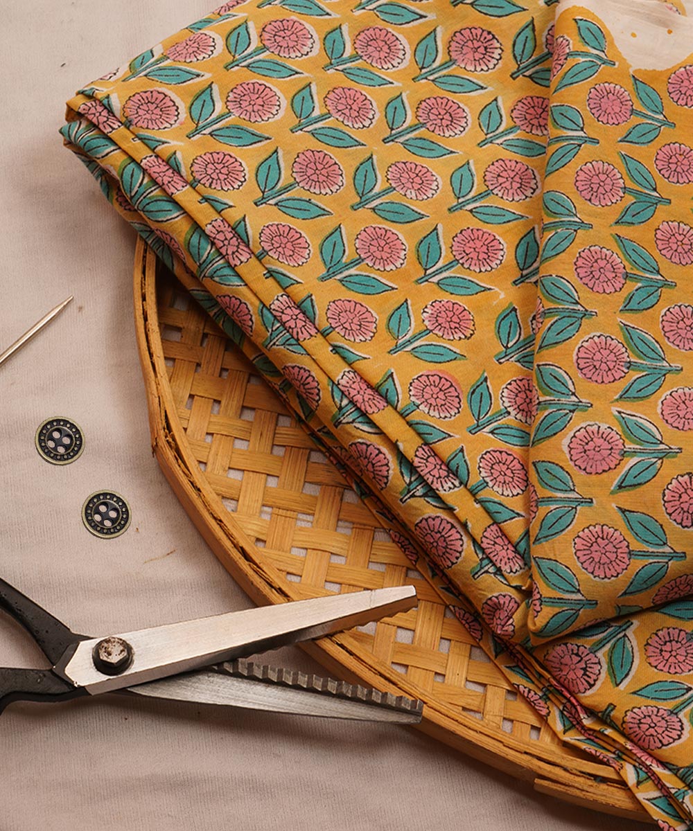 2.5m Yellow hand block print cotton sanganeri kurta material