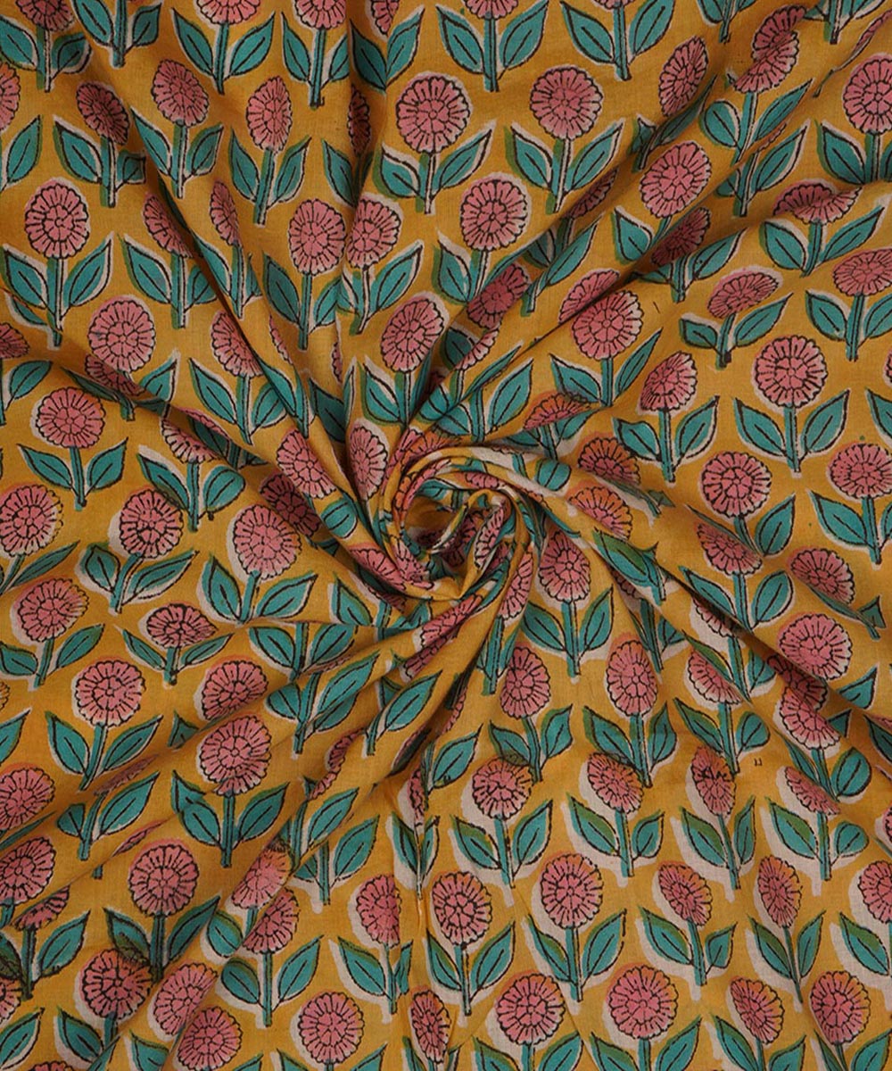 2.5m Yellow hand block print cotton sanganeri kurta material
